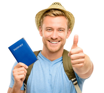 Happy Young Tourist Man Holding Passport White Background