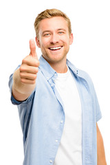 Attractive young man thumbs up full length on white background