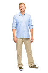 Handsome young man smiling full length white background