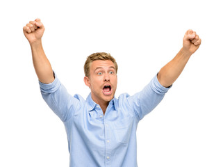 happy young man celebrating success on white background
