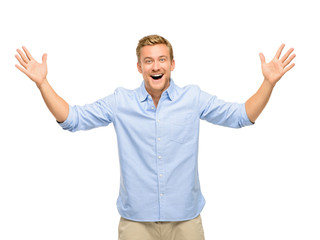 Fototapeta premium happy young man celebrating success on white background