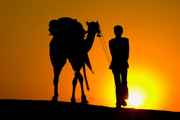 Silhouette man and camel at sunset, India