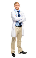 Full length of confident young doctor on white background