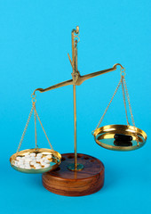 Classic scales with color pills on color background
