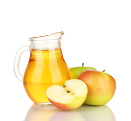 Full jug of apple juice and apple isolated on white