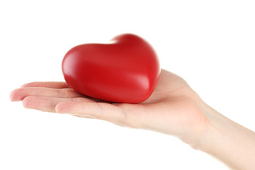 Red heart in man hand, isolated on white