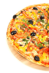Tasty pizza with vegetables, chicken and olives isolated