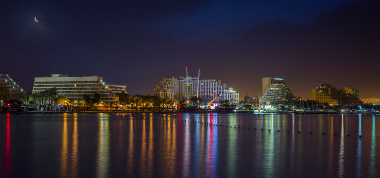 Night view on resort hotels in Eilat, israel