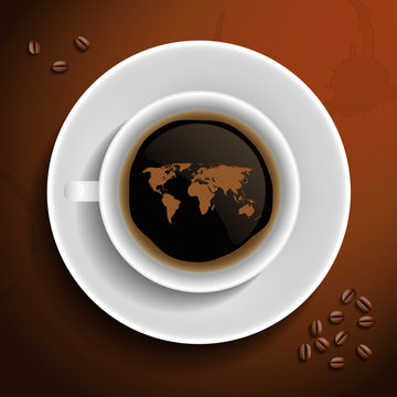 World map in coffee cup.