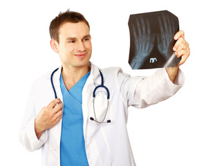 Male doctor with X-ray picture isolated on white background