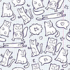 Obraz premium Cats doodles on a notebook paper, seamless pattern