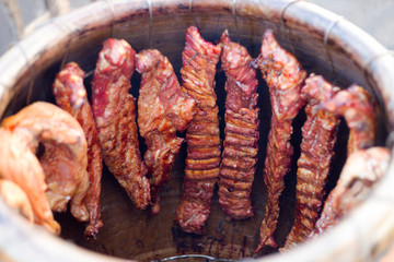 grilled pork ribs on bbq grill with a shallow DOF