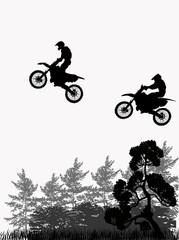 jumping motorcyclists above forest