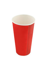 Empty red soda beverage paper cup on white background.