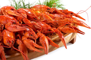 boiled crawfish on the wooden plate