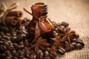 Bottle coffee aroma oil with aromatic coffee beans