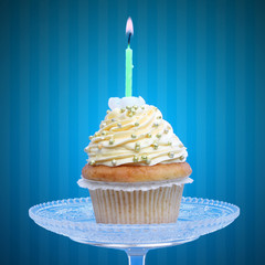 Birthday cupcake with candle - obrazy, fototapety, plakaty