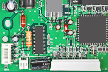 Old green scanner motherboard circuit close up