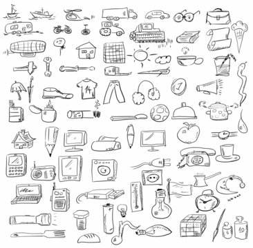 set doodle objects business icons