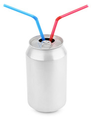 Aluminum soda can with straws isolated on white