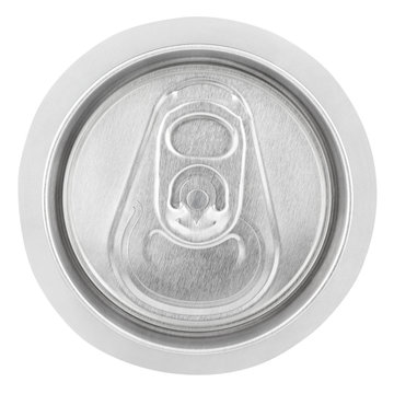 Closeup of aluminum soda can isolated on white. Top view