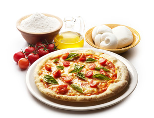 pizza with ingredients isolated on white background