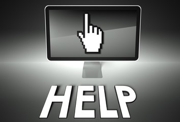 Screen and hand icon with Help, Support