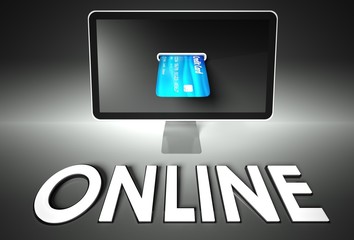 Screen and credit card, word Online, E-commerce