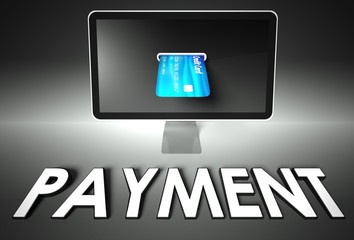 Screen and credit card, word Payment, E-commerce