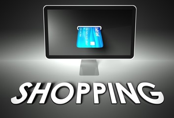 Screen and credit card, word Shopping, E-commerce