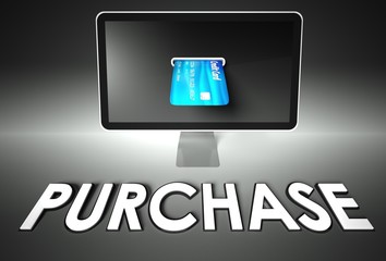 Screen and credit card, word Purchase, E-commerce