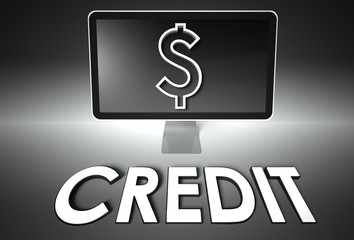 Screen and dollar sign, word Credit, E-commerce