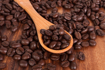 Coffee beans and wood spoon