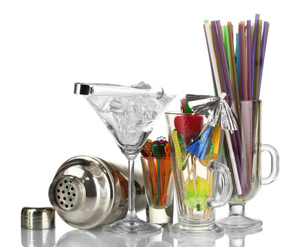 Cocktail shaker and  other bartender equipment isolated on