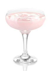 Glass of yoghurt dessert with berries, isolated on white