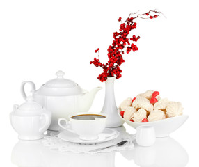 Beautiful white dinner service with an air meringues isolated