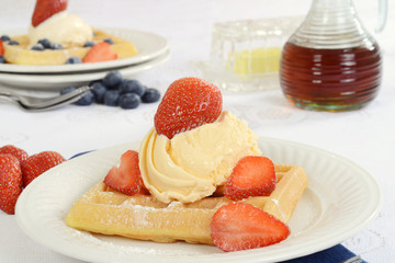 closeup vanillia ice cream strawberry waffle