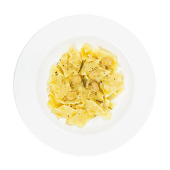 Pasta Macaroni and Chickpeas plate isolated on white background
