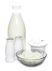 Group milk products isolated on a white
