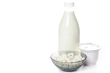 Group milk products isolated on a white