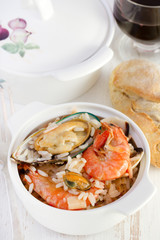 rice with shrimps and mussels in the bowl