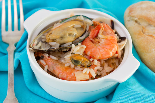 rice with seafood in the bowl