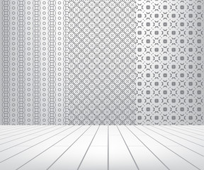 White room with set seamless and wooden floor