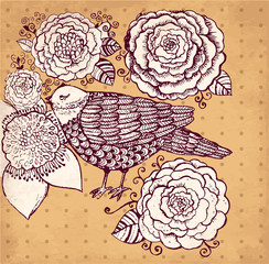 Obrazy na Szkle  Wektor ręcznie rysowane ilustracja z ptakiem i kwiatami