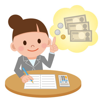 woman calculating money, thinking about yen clip art preview