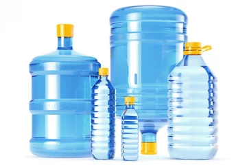 Gordijnen Clean drinking water in blue plastic bottles © Viktar Naumik