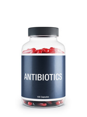 Antibiotics transparent bottle with red pills inside