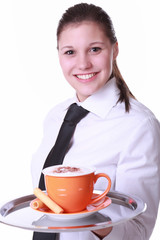 Kellnerin mit Cappuccinotasse 2
