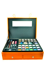Multi colored make-up with orange leather bag