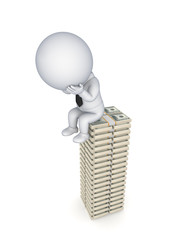 Sad 3d small person sitting on a stack of dollars.